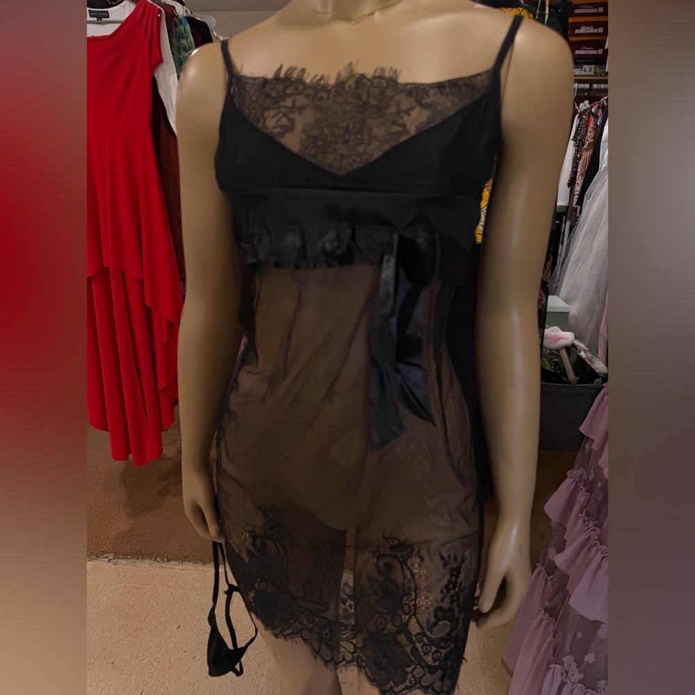 Sheer Lace Chemise Slip - Black
